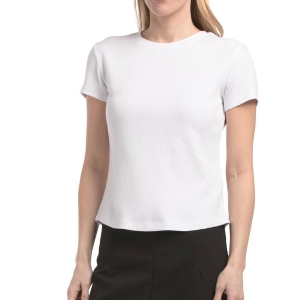 TAHARI Short Sleeve Heavyweight Ribbed Crew Neck Top in Cream, XS